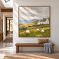 Coastal Pasture artwork displayed above a wood bench beneath a sloped ceiling.