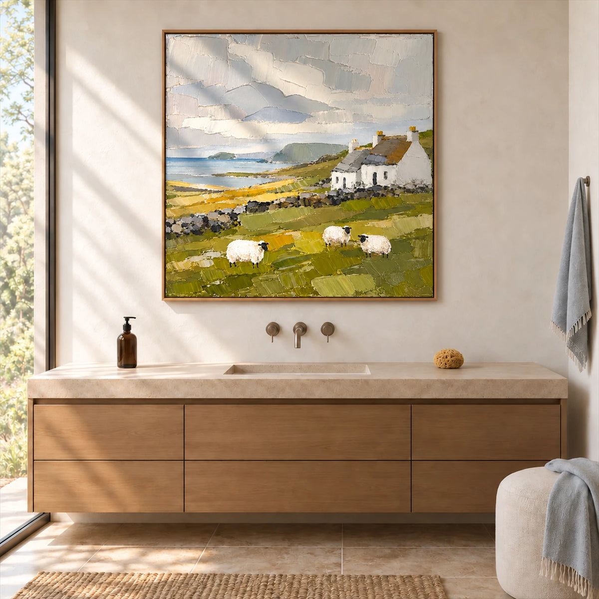 Coastal Pasture artwork displayed above a wood bathroom vanity.