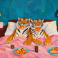 Tiger Breakfast full artwork. Two tigers lounge beneath pink bedding, sharing breakfast against a vivid turquoise wall.