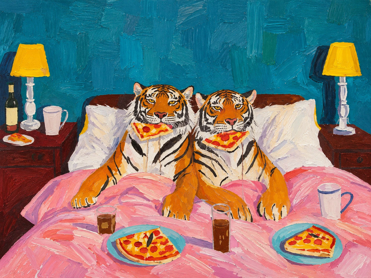 Tiger Breakfast full artwork. Two tigers lounge beneath pink bedding, sharing breakfast against a vivid turquoise wall.