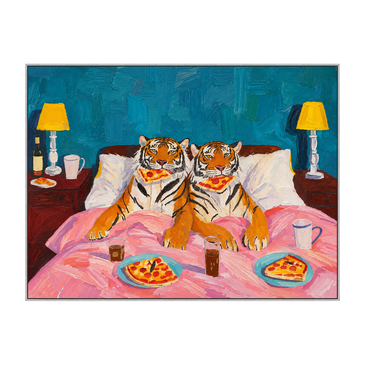 Tiger Breakfast artwork in a silver frame on a transparent background.