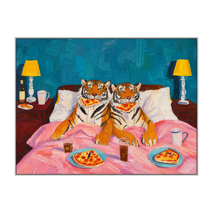 Tiger Breakfast artwork in a silver frame on a transparent background.