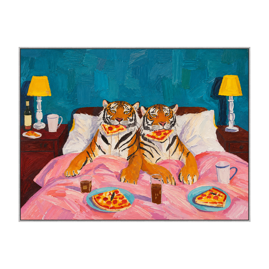 Tiger Breakfast artwork in a silver frame on a transparent background.