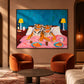 Tiger Breakfast artwork displayed above two rust-colored lounge chairs.