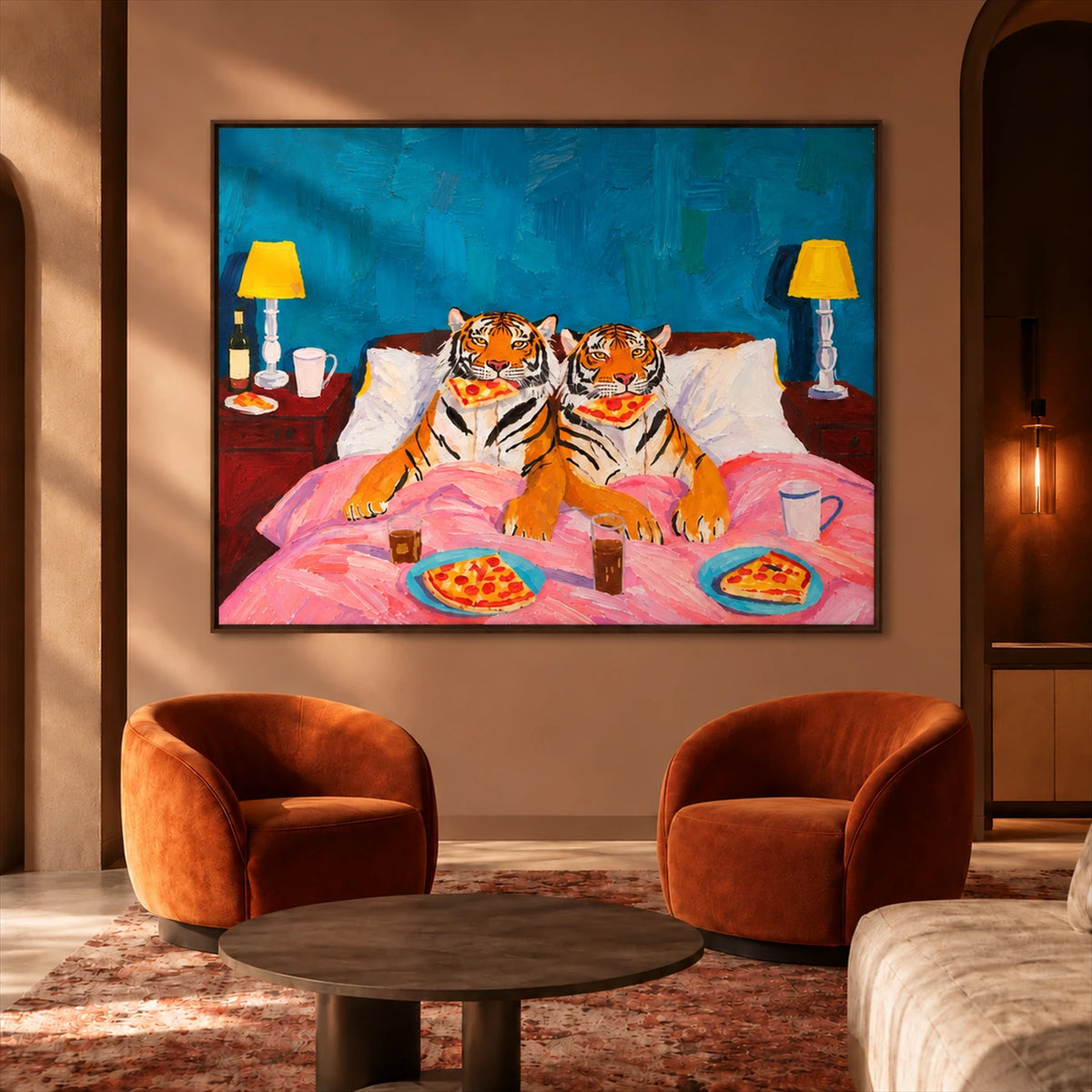 Tiger Breakfast artwork displayed above two rust-colored lounge chairs.