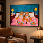 Tiger Breakfast artwork displayed above a brown leather armchair beside a reading lamp.