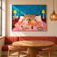 Tiger Breakfast artwork displayed above a curved dining banquette and round table.