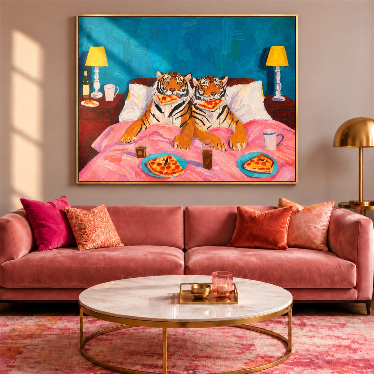 Tiger Breakfast artwork displayed above a coral sofa.