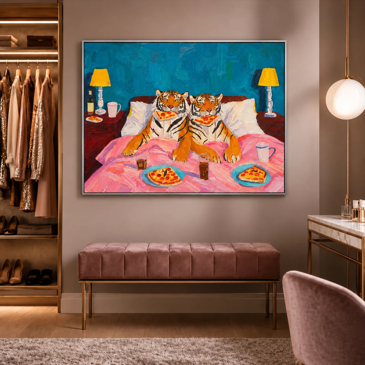 Tiger Breakfast artwork displayed above a bench beside a dressing table.