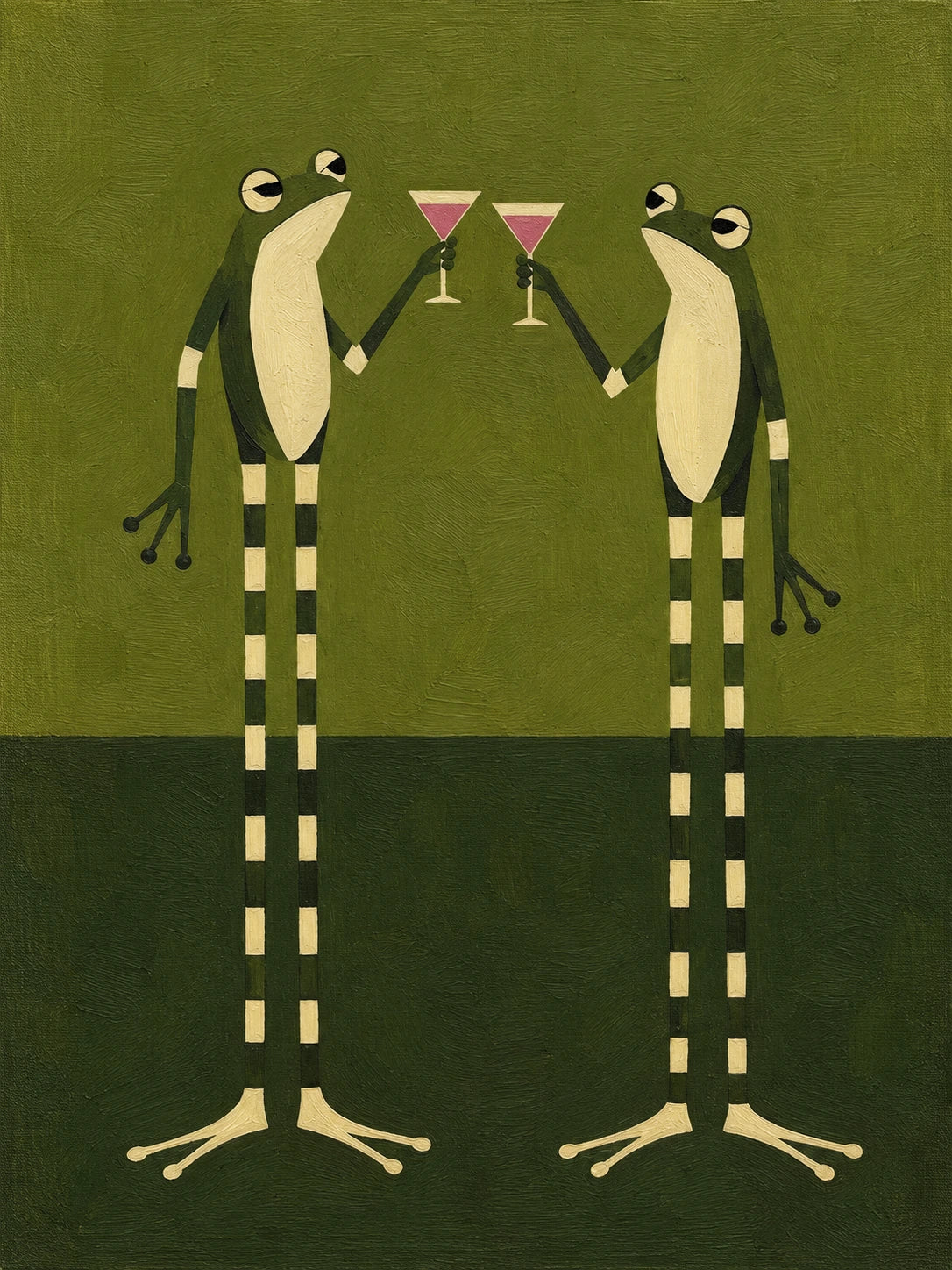 Frog Toast full artwork. Two long-legged frogs raise pink cocktail glasses against a two-tone green backdrop.