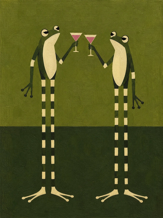 Frog Toast full artwork. Two long-legged frogs raise pink cocktail glasses against a two-tone green backdrop.