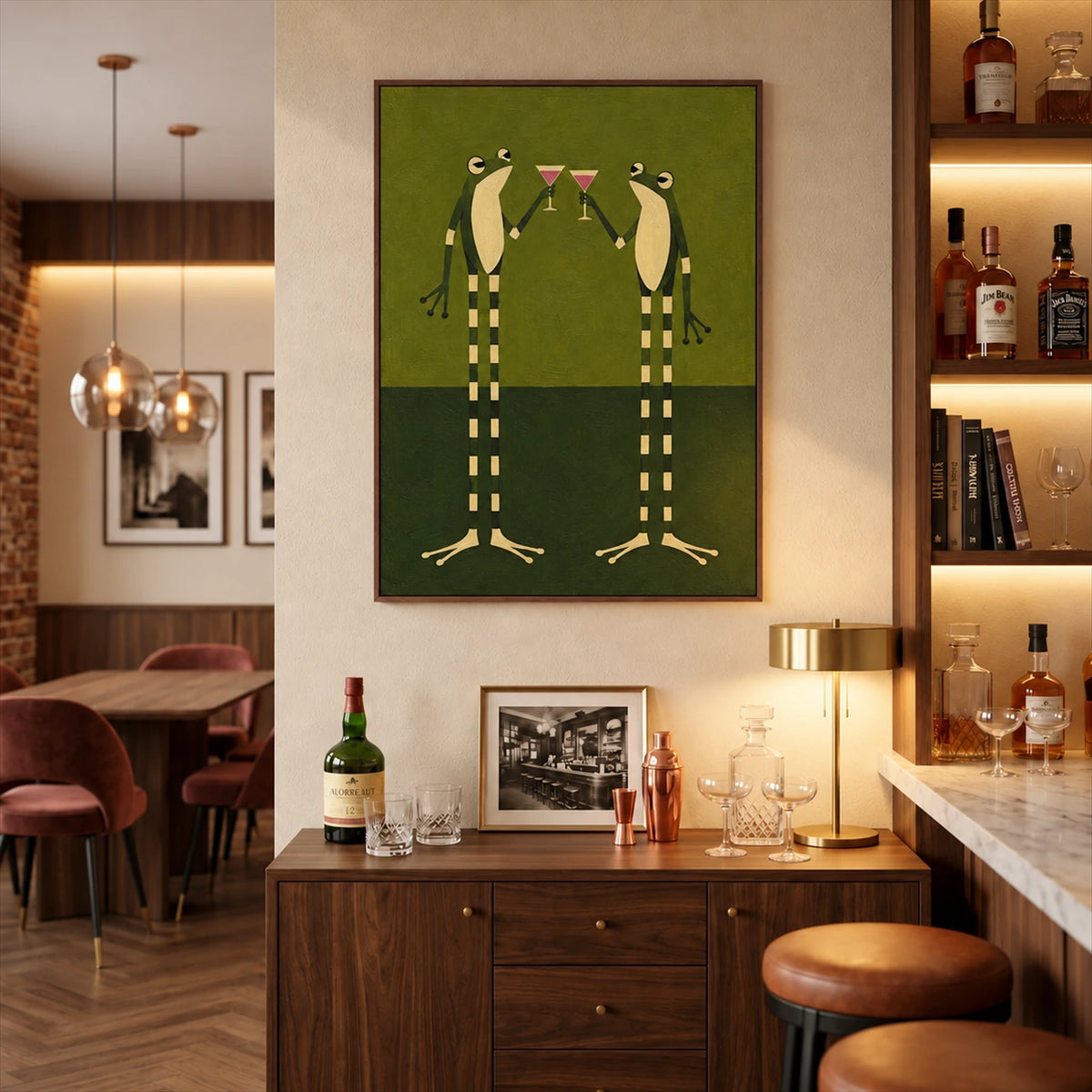 Frog Toast artwork displayed above a wood sideboard beside a home bar.