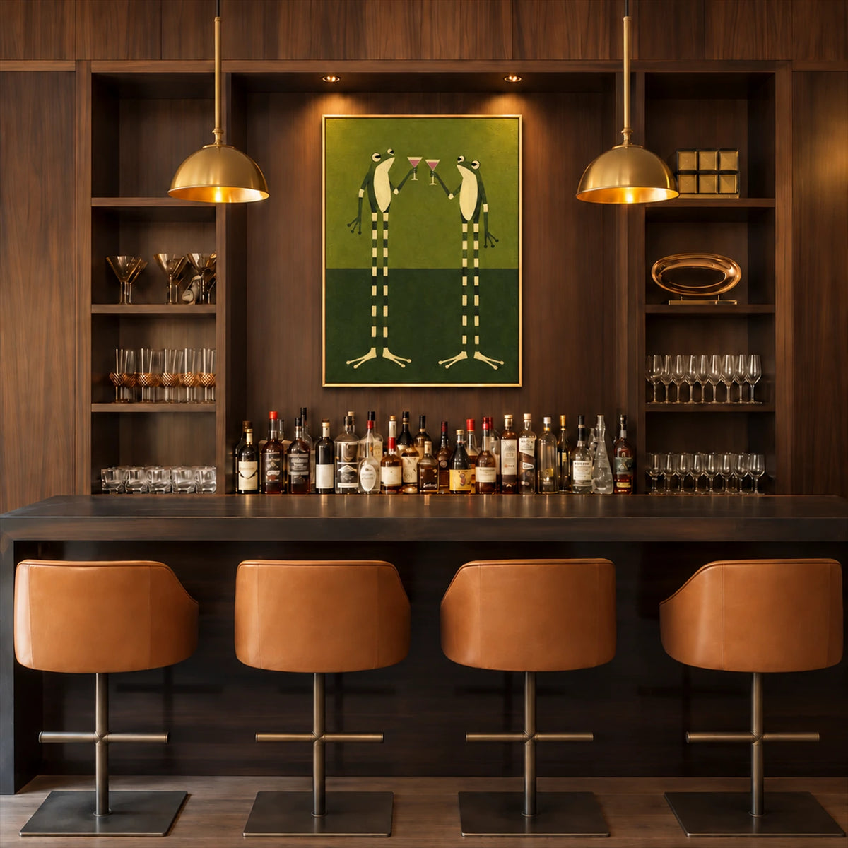 Frog Toast artwork displayed above a bar counter with leather stools.