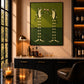 Frog Toast artwork displayed above a home bar beside a tall window.