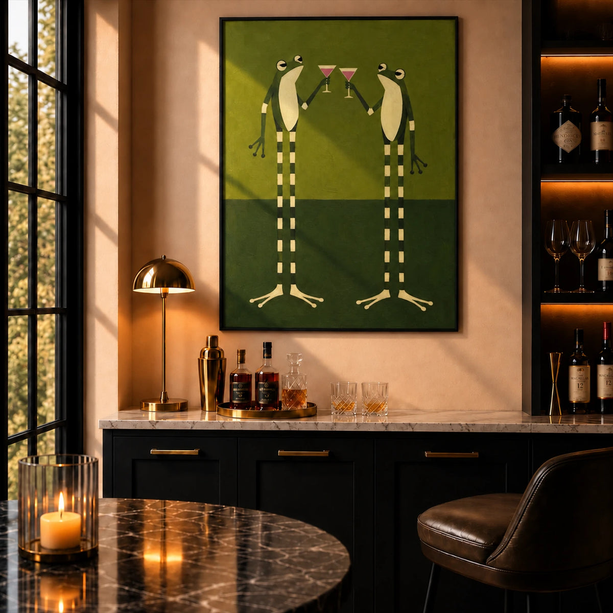 Frog Toast artwork displayed above a home bar beside a tall window.