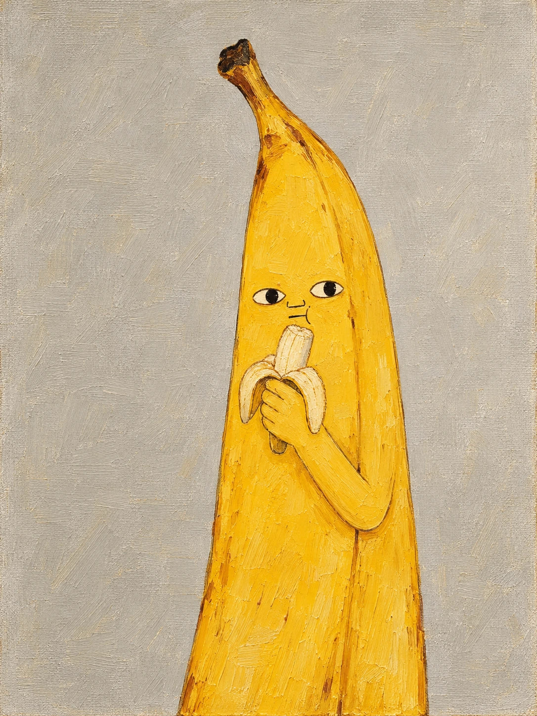Banana Break full artwork. A bright yellow banana character pauses with a peeled banana in hand, its sideways glance adding a mischievous touch.