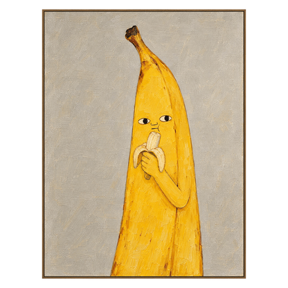Banana Break artwork in a natural wood frame on a transparent background.