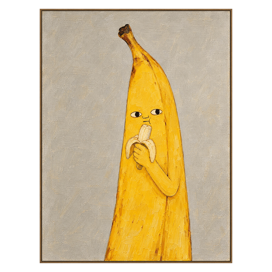 Banana Break artwork in a natural wood frame on a transparent background.