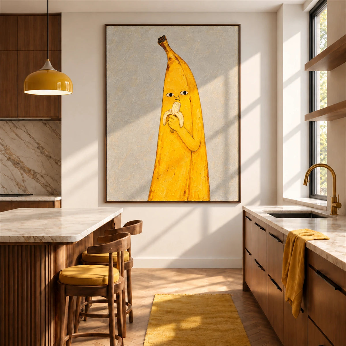 Banana Break artwork displayed in a kitchen with mustard pendant lights and stools.