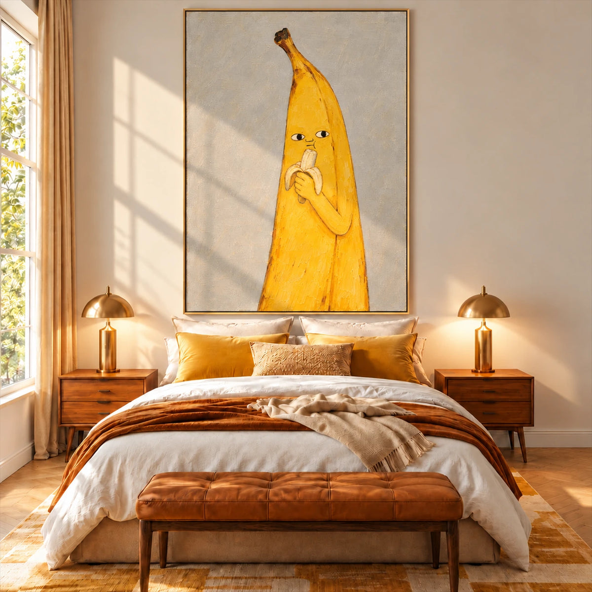 Banana Break artwork displayed above a bed with yellow cushions and warm lighting.