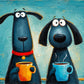 Coffee Hounds full artwork. Two wide-eyed dogs cradle bright coffee mugs against a turquoise backdrop, joined by a tiny red-and-white bird.
