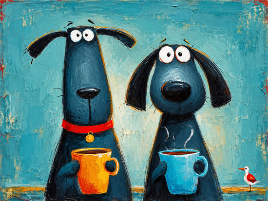 Coffee Hounds full artwork. Two wide-eyed dogs cradle bright coffee mugs against a turquoise backdrop, joined by a tiny red-and-white bird.