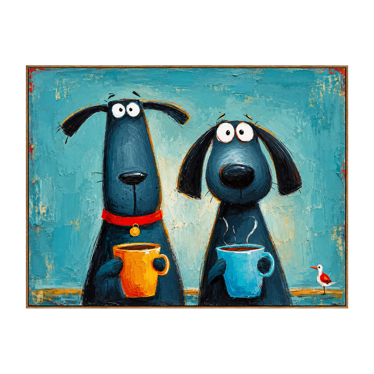 Coffee Hounds artwork in a natural wood frame on a transparent background.