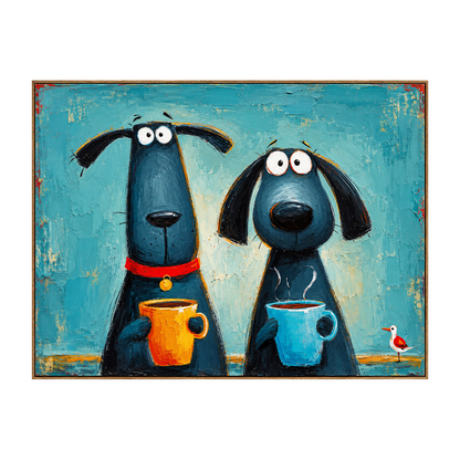 Coffee Hounds artwork in a natural wood frame on a transparent background.