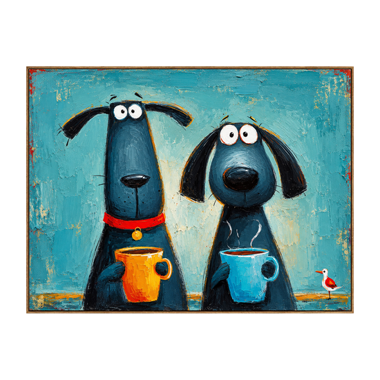Coffee Hounds artwork in a natural wood frame on a transparent background.