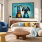 Coffee Hounds artwork displayed above a cream sofa with blue and yellow cushions.