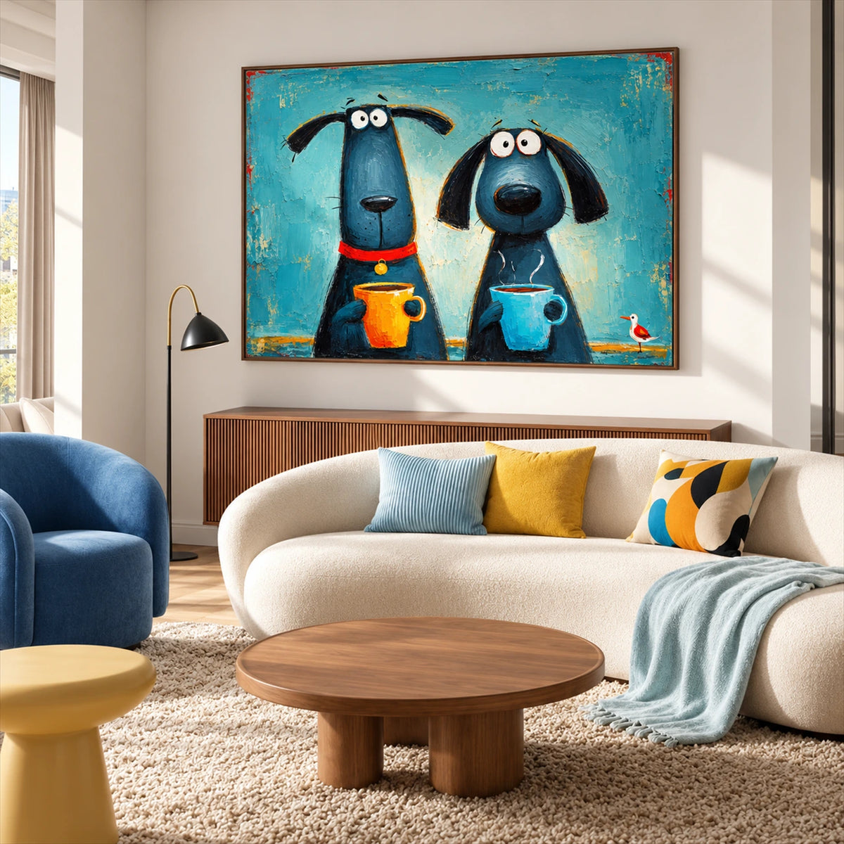 Coffee Hounds artwork displayed above a cream sofa with blue and yellow cushions.