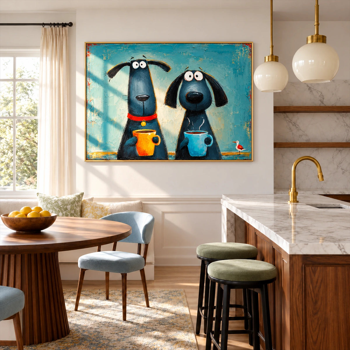 Coffee Hounds artwork displayed in a bright kitchen and dining area.