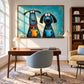 Coffee Hounds artwork displayed above a wooden desk with a blue upholstered chair.