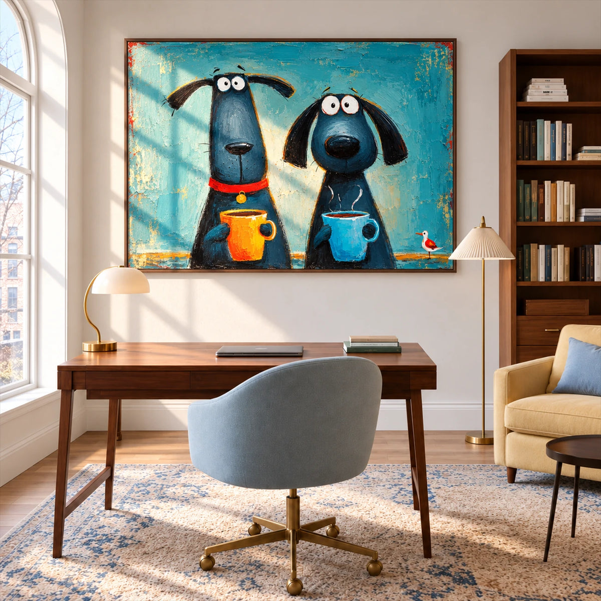 Coffee Hounds artwork displayed above a wooden desk with a blue upholstered chair.