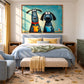 Coffee Hounds artwork displayed above a bed with blue bedding and yellow cushions.