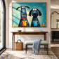 Coffee Hounds artwork displayed above a wooden entryway console and upholstered bench.