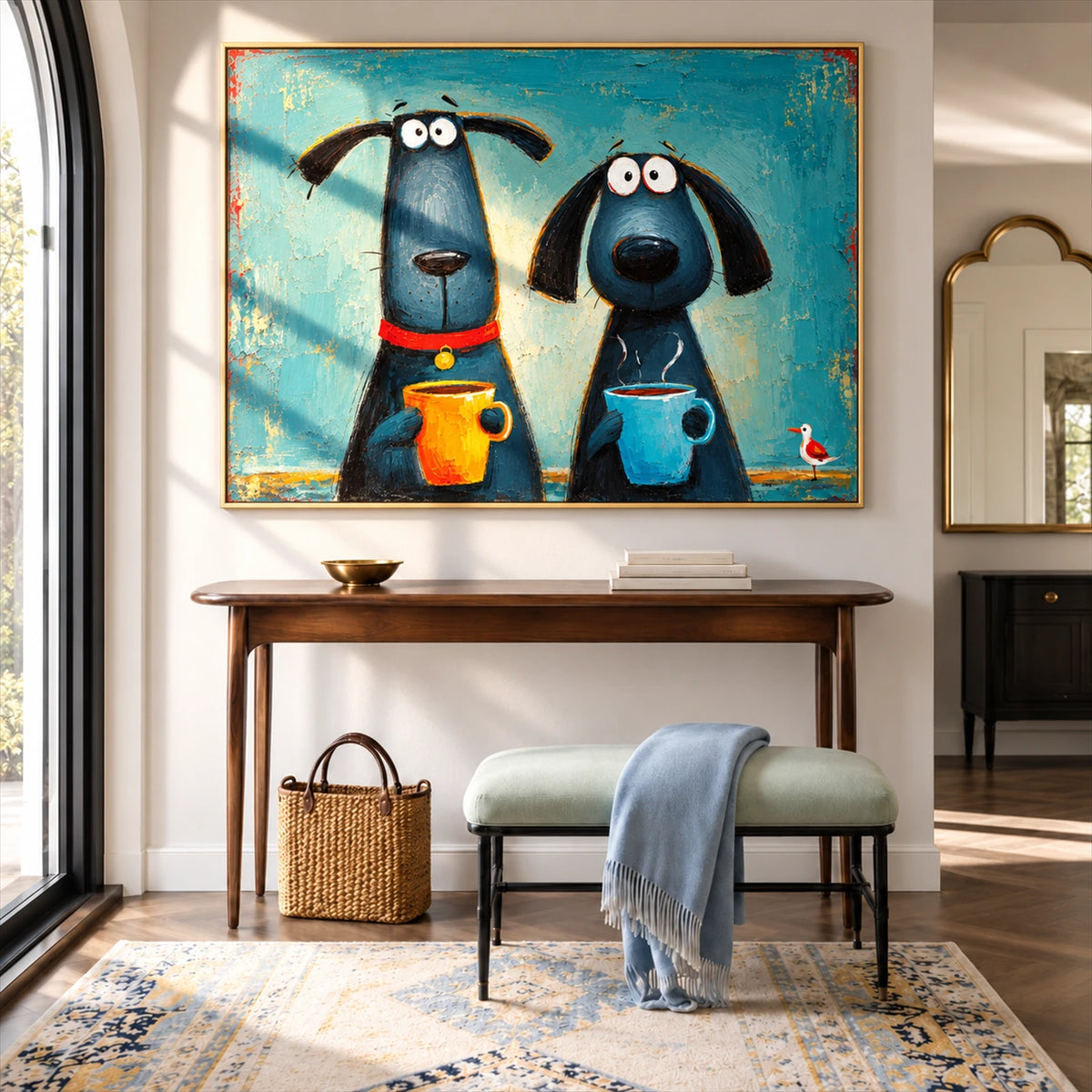 Coffee Hounds artwork displayed above a wooden entryway console and upholstered bench.