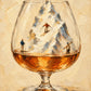 Alpine Aperitif full artwork. Tiny skiers descend a snowy mountain nestled inside a glass of amber spirits.