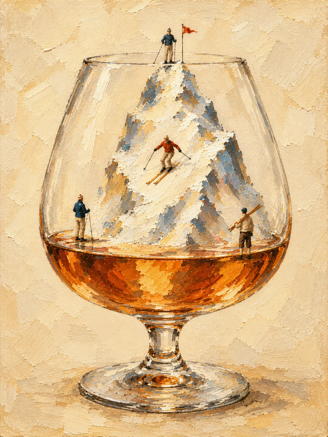 Alpine Aperitif full artwork. Tiny skiers descend a snowy mountain nestled inside a glass of amber spirits.