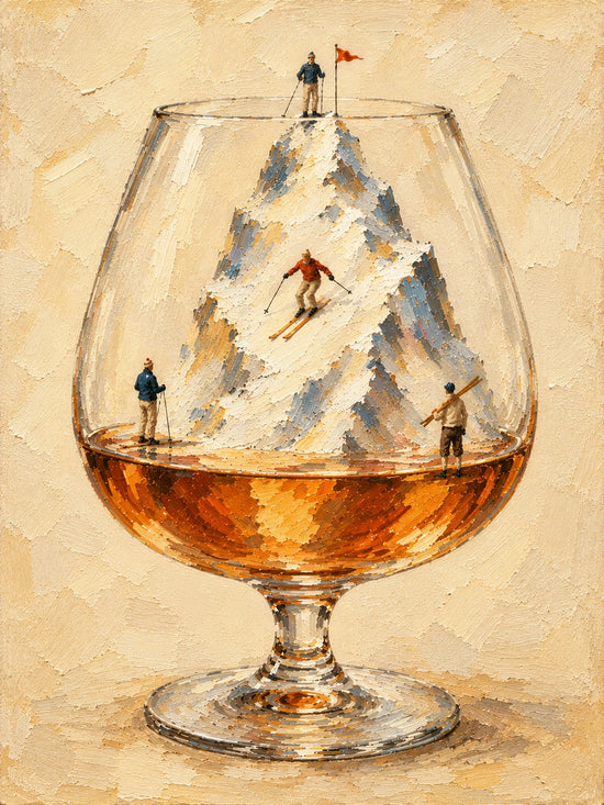 Alpine Aperitif full artwork. Tiny skiers descend a snowy mountain nestled inside a glass of amber spirits.