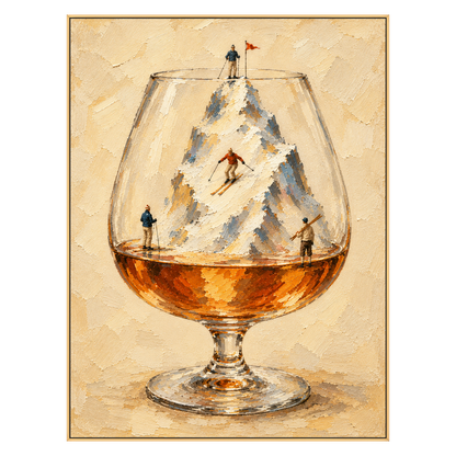 Alpine Aperitif artwork in a gold frame on a transparent background.