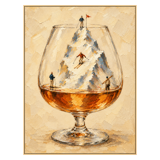 Alpine Aperitif artwork in a gold frame on a transparent background.