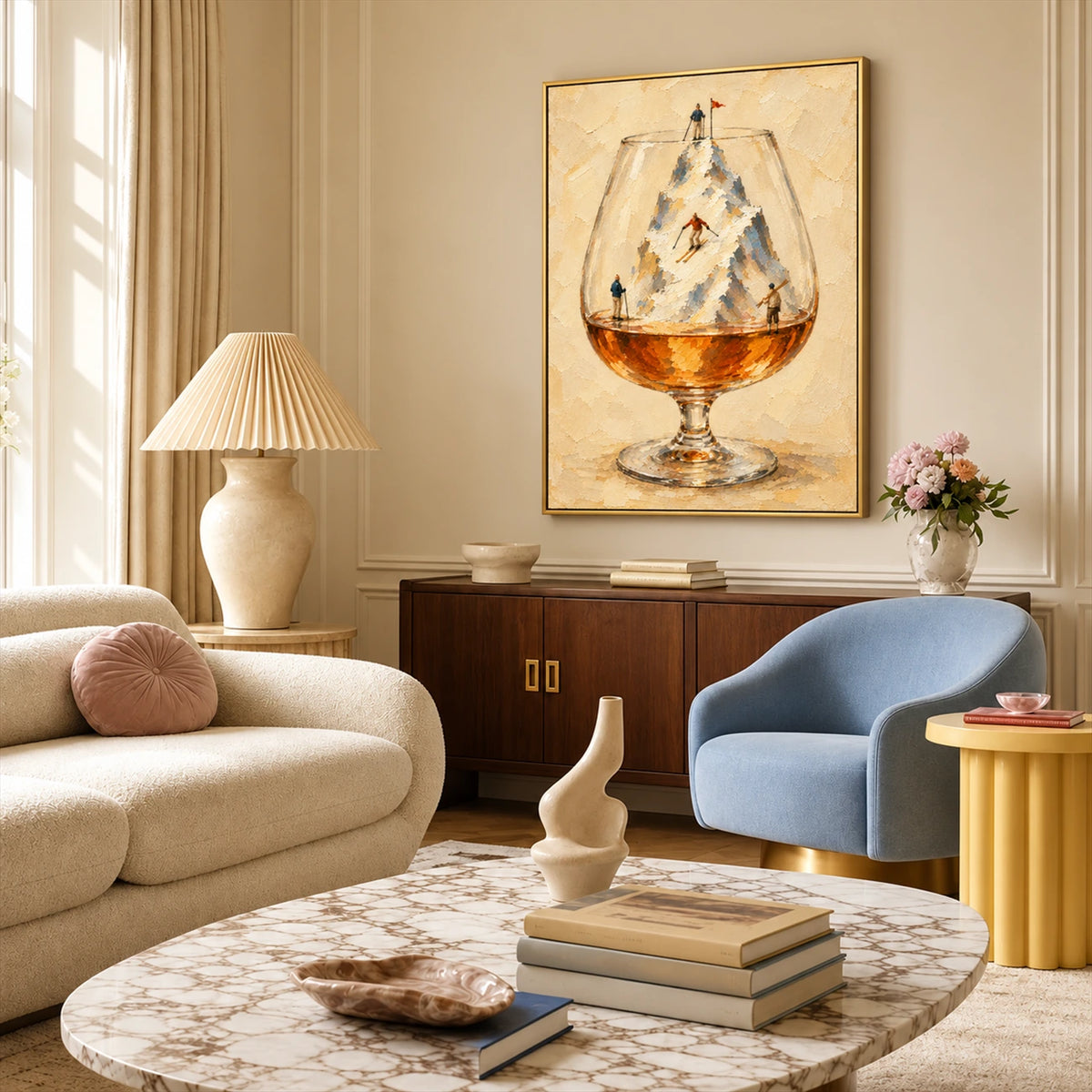 Alpine Aperitif artwork displayed above a sideboard beside a cream sofa and blue chair.