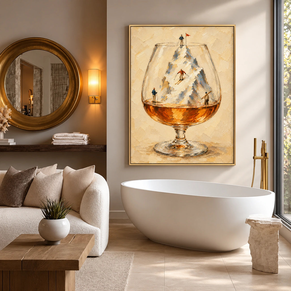 Alpine Aperitif artwork displayed beside a freestanding bathtub in a warm neutral bathroom.