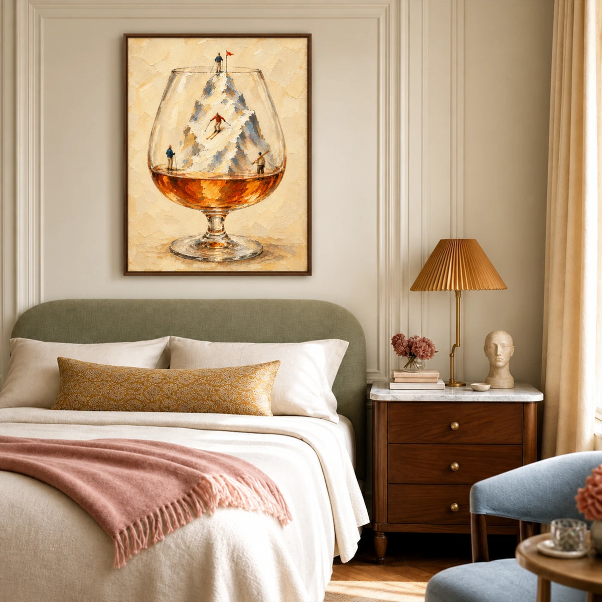 Alpine Aperitif artwork displayed above a green upholstered bed.