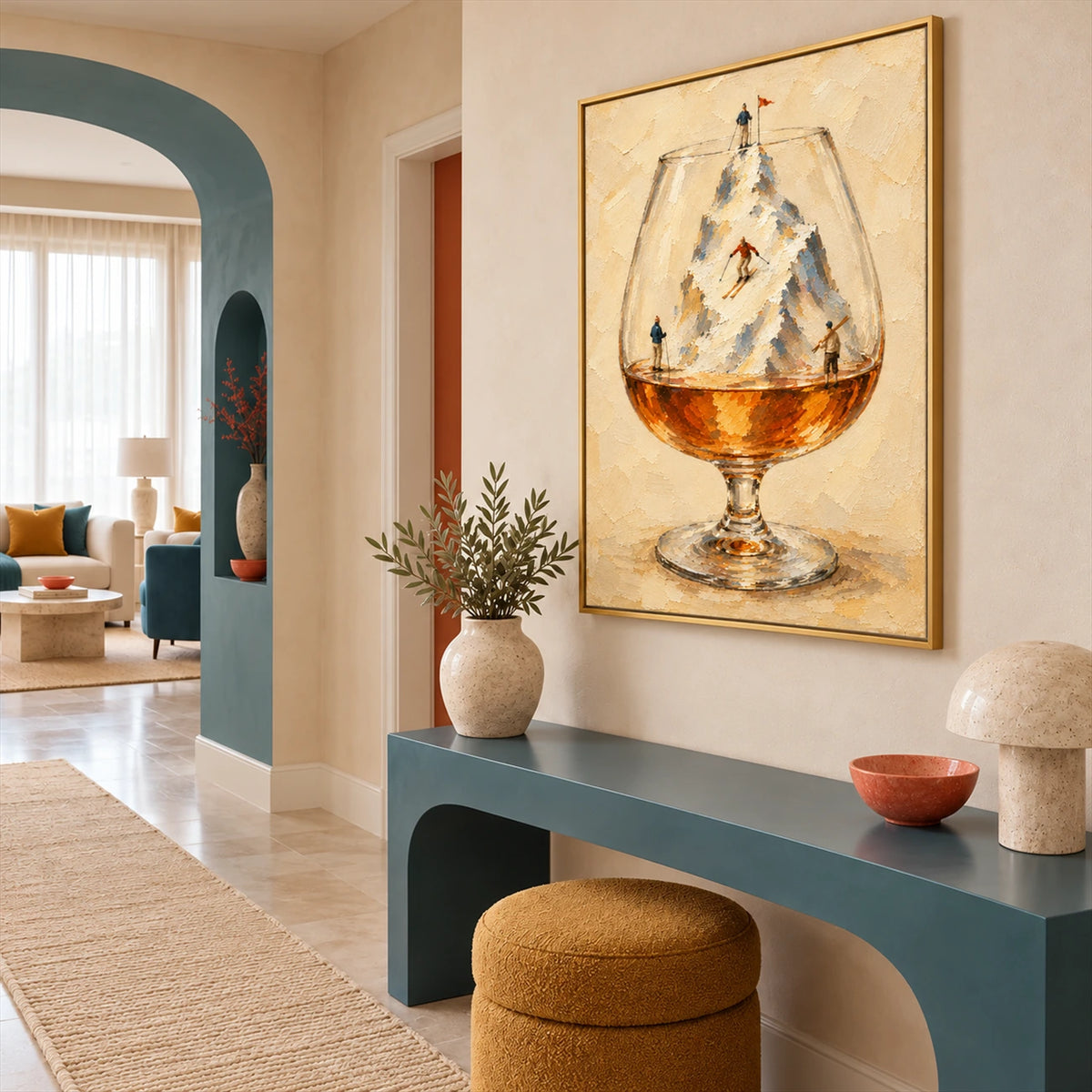 Alpine Aperitif artwork displayed above a blue console with a mustard stool.