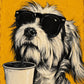 Brew Buddy full artwork. A shaggy dog in oversized black sunglasses poses behind a tall coffee cup against a golden yellow backdrop.