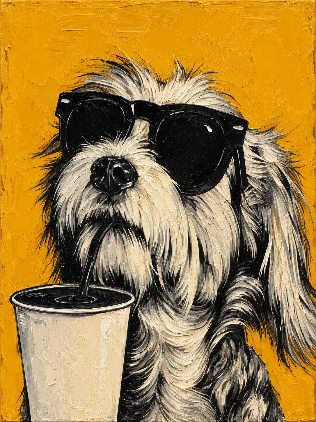 Brew Buddy full artwork. A shaggy dog in oversized black sunglasses poses behind a tall coffee cup against a golden yellow backdrop.