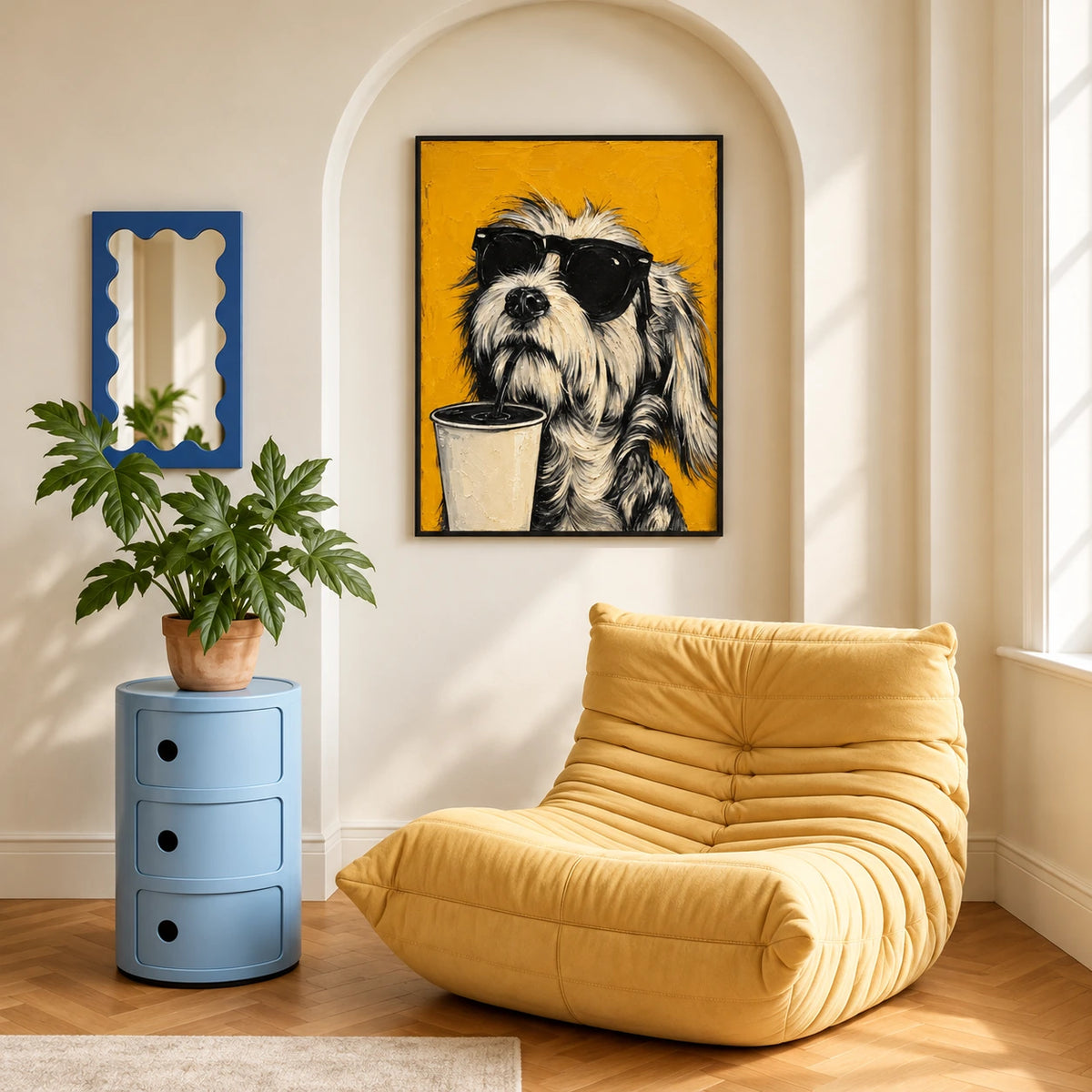 Brew Buddy artwork displayed beside a mustard lounge chair and blue cabinet.