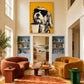 Brew Buddy artwork displayed above blue shelving in a colorful living room.
